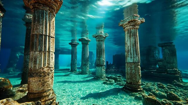 A view of ancient stone pillars submerged underwater in a clear, blue ocean