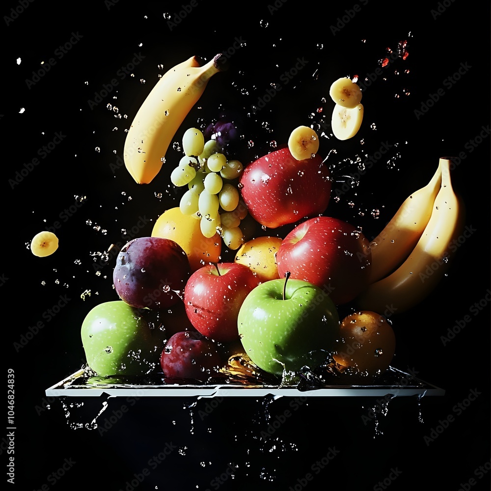 Poster surreal 3d visualization of a floating fruit platter with apples bananas and grapes rotating in a co