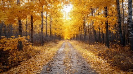 Fototapeta premium Forest trail with a canopy of bright yellow leaves