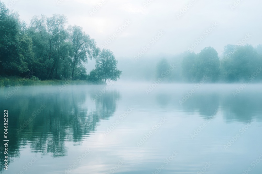 Poster Gentle mist hovers over the lake in the morning, creating a peaceful atmosphere with trees mirrored in the still water. Generative AI