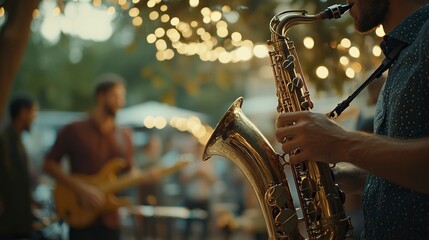 Musician playing saxophone on blurred background. Man with friends blow saxophone with the band for performance. Music instrument played by saxophonist player musician in festival. generative ai