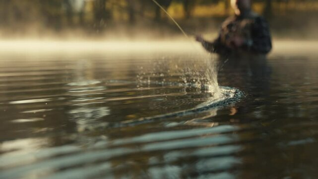 Young fly fisherman casting on a foggy river at sunrise