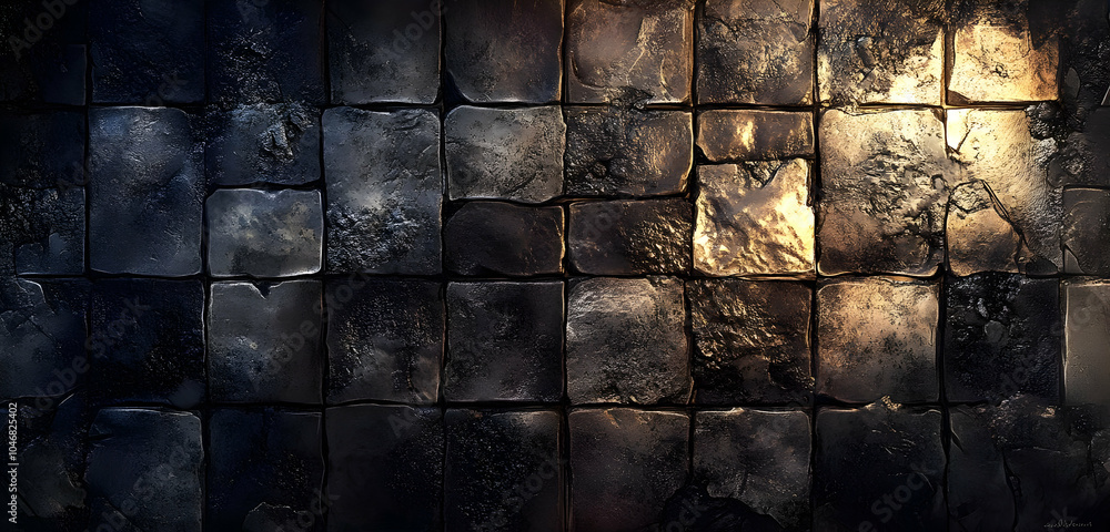 Poster a textured surface of dark and light stone tiles, creating a dramatic visual effect. black and white