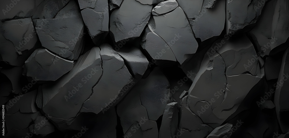 Poster a close-up view of textured, dark gray rock surfaces with sharp edges and crevices. black and white 