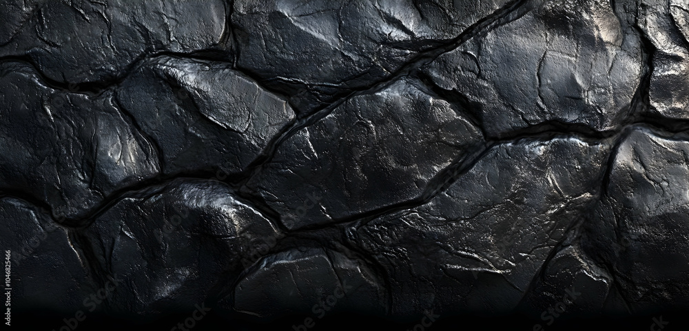Poster dark textured rock surface with visible cracks and crevices. black and white background images -