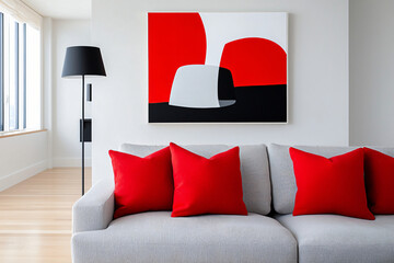 a contemporary living room with red throw pillows and abstract art