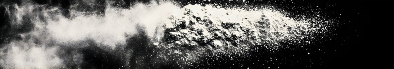 A cloud of fine powder disperses against a dark background, suggesting movement and texture. Black and white background images -