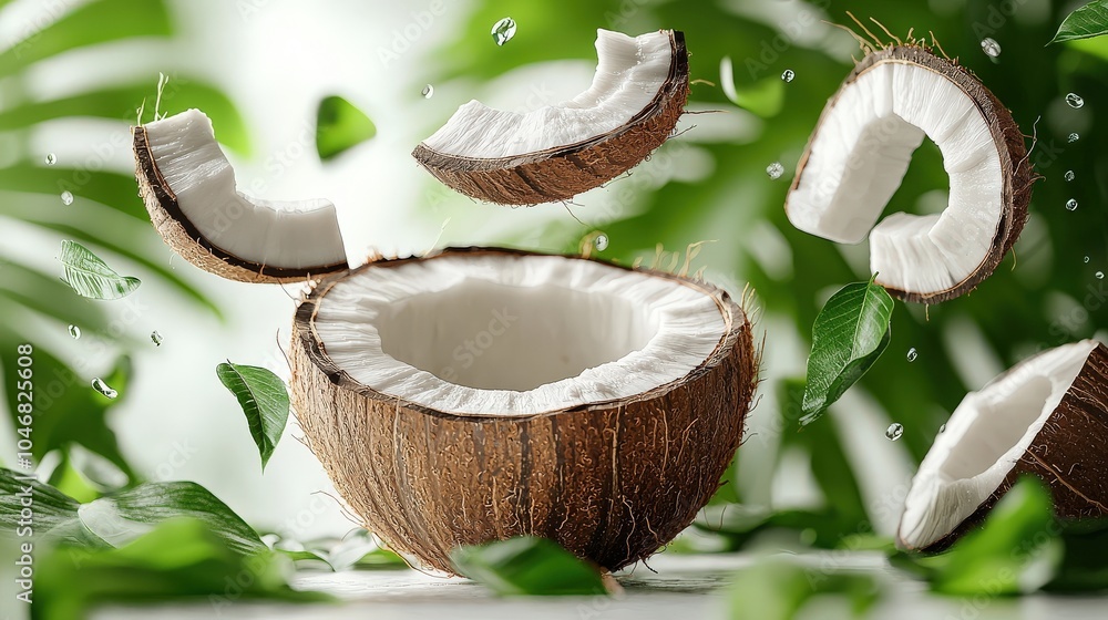 Poster a vibrant image of a coconut with half slices artistically falling or floating in the air, surrounde