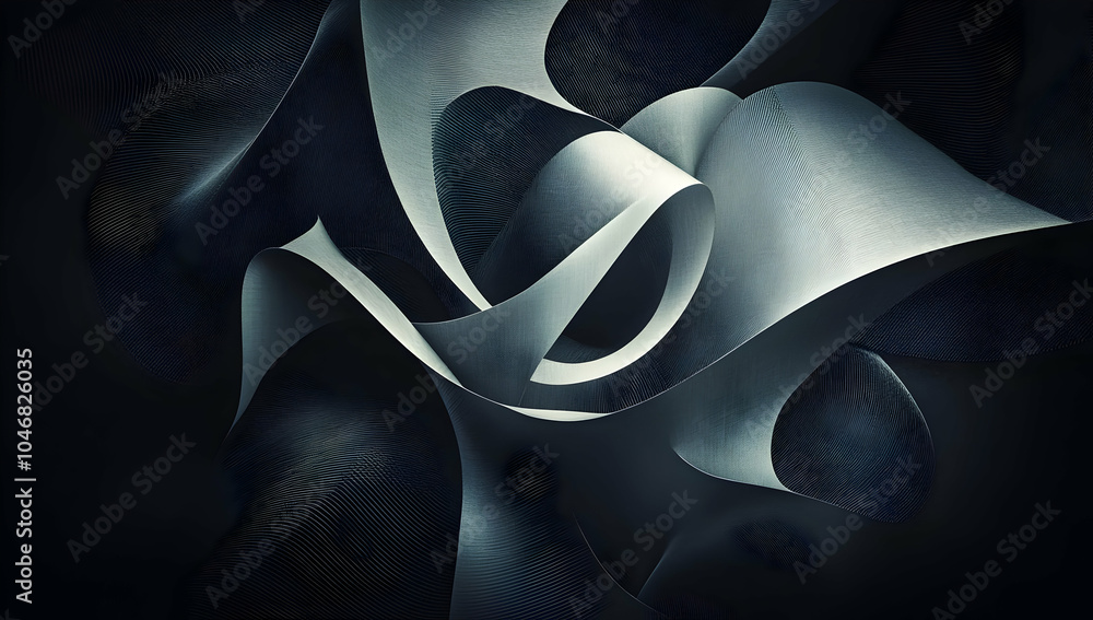 Poster abstract metallic ribbons intertwine in a dark background, creating a sense of fluid motion. black a