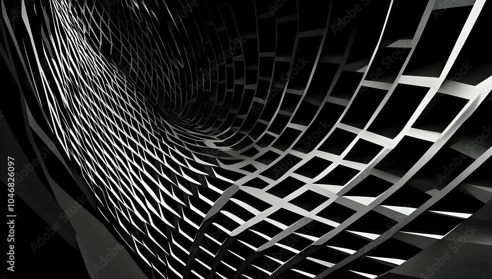 Poster a dynamic abstract structure featuring a grid-like pattern in black and white. black and white backg