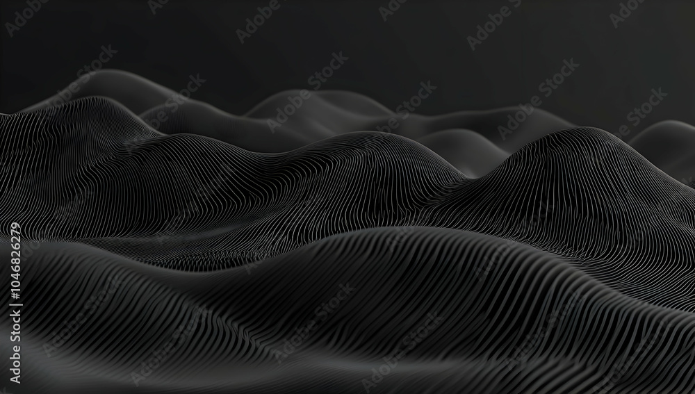 Poster abstract black waves with intricate lines creating a dynamic, textured landscape. black and white ba