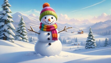 Naklejka premium Happy snowman in winter landscape with snowy mountains and colorful knitted hat