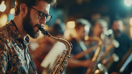 Musician playing saxophone on blurred background. Man with friends blow saxophone with the band for performance. Music instrument played by saxophonist player musician in festival. generative ai