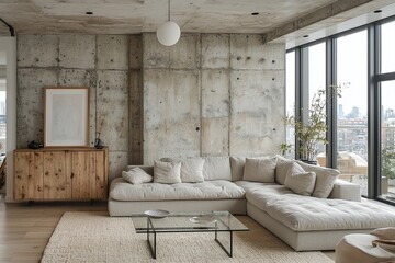 The Scandinavian interior of the living room with minimalist, exposed concrete-finished walls and sofas and tables. Generative AI
