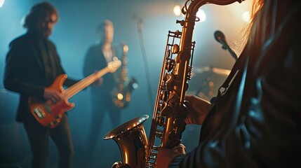 Obraz premium Musician playing saxophone on blurred background. Man with friends blow saxophone with the band for performance. Music instrument played by saxophonist player musician in festival. generative ai