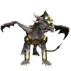 3D rendered white dragon with a golden armor isolated on transparent background