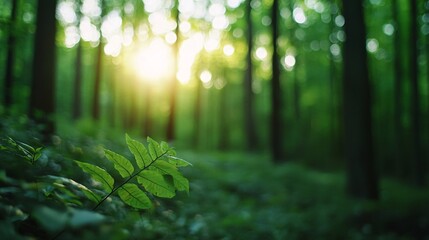 Fototapeta premium Captivating sunlight filters through lush green leaves in a tranquil forest setting creating a serene atmosphere for nature lovers