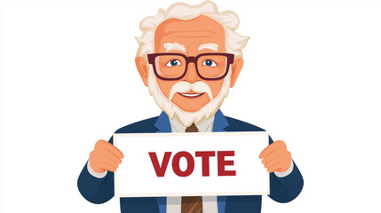 An enthusiastic senior proudly displays a vote sign, encouraging community participation and civic responsibility