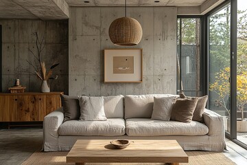 Fototapeta premium Modern Scandinavian interiors in the living room with exposed concrete-finished walls and Scandinavian interior furniture. Generative AI 