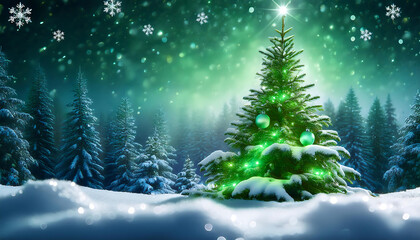 Green lights twinkle on a festive Christmas tree set against a calm winter wonderland backg_1(527)
