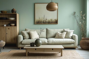 Minimalist, contemporary Scandinavian interiors in the living room with mint-colored walls with art frames and sofas and wood cabinets. Generative AI
미너멀리스트, 컨템퍼레리 스캔디네이비언 인티어리어즈 인 더 리빙 룸 윋 민트 컬러드 월즈 