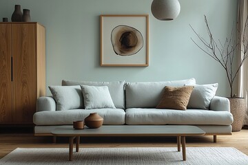 Minimalist, contemporary Scandinavian interiors in the living room with mint-colored walls with art frames and sofas and wood cabinets. Generative AI
미너멀리스트, 컨템퍼레리 스캔디네이비언 인티어리어즈 인 더 리빙 룸 윋 민트 컬러드 월즈 