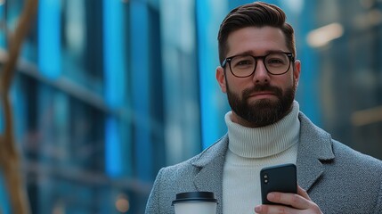 Naklejka premium businessman holding a phone and a coffee cup.