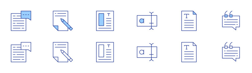 Text icon set in two styles, Duotone and Thin Line style. Editable stroke. text box, text file, validation, chat, copywriting, graphic design