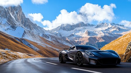 Naklejka premium Luxury sports car on a scenic mountain road against a breathtaking landscape.