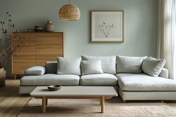 Minimalist, contemporary Scandinavian interiors in the living room with mint-colored walls with art frames and sofas and wood cabinets. Generative AI
미너멀리스트, 컨템퍼레리 스캔디네이비언 인티어리어즈 인 더 리빙 룸 윋 민트 컬러드 월즈 