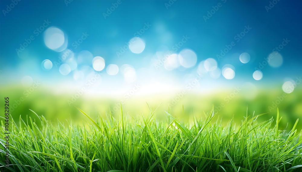 Aufkleber green grass and blue sky abstract background with bokeh style for world environment day_1(524)