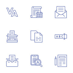 Text icons set. Thin Line style, editable stroke. calendar, copy, enlargement, mail, rename, sheet, tracking, typewriter