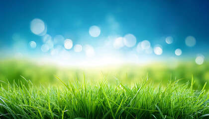 Obraz premium Green grass and blue sky abstract background with bokeh style for World Environment Day_1(524)
