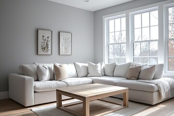 Fototapeta premium Minimalist, Scandinavian interior with white finished walls and sofa and table. Generative AI 
