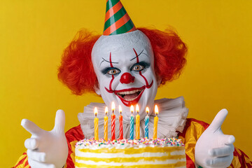 a gentle clown character presenting birthday cake with five candles, yellow backdrop 