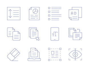 Text icons. Thin Line style, editable stroke. between, copy, draft, list, phone, select, analysis, click, document, leaflet, orientation, scan