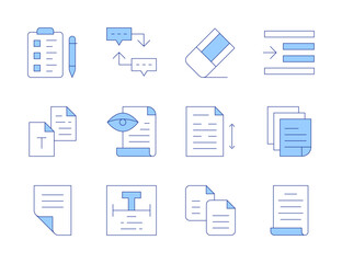 Text icons. Line Duotone style, editable stroke. proof reading, sequence, text, right indent, speech, sheet, copy, draft, wishlist, line spacing, white paper