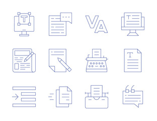 Text icons. Thin Line style, editable stroke. tracking, typewriter, laptop, newspaper, right indent, text, text file, validation, chat, copywriting, file