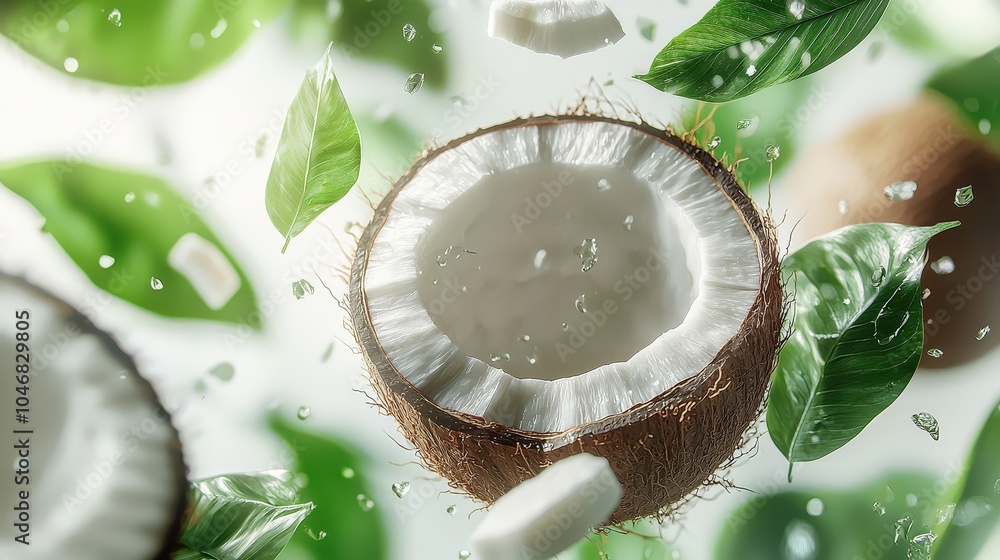 Poster an engaging composition featuring a coconut with half slices whimsically falling or floating, paired