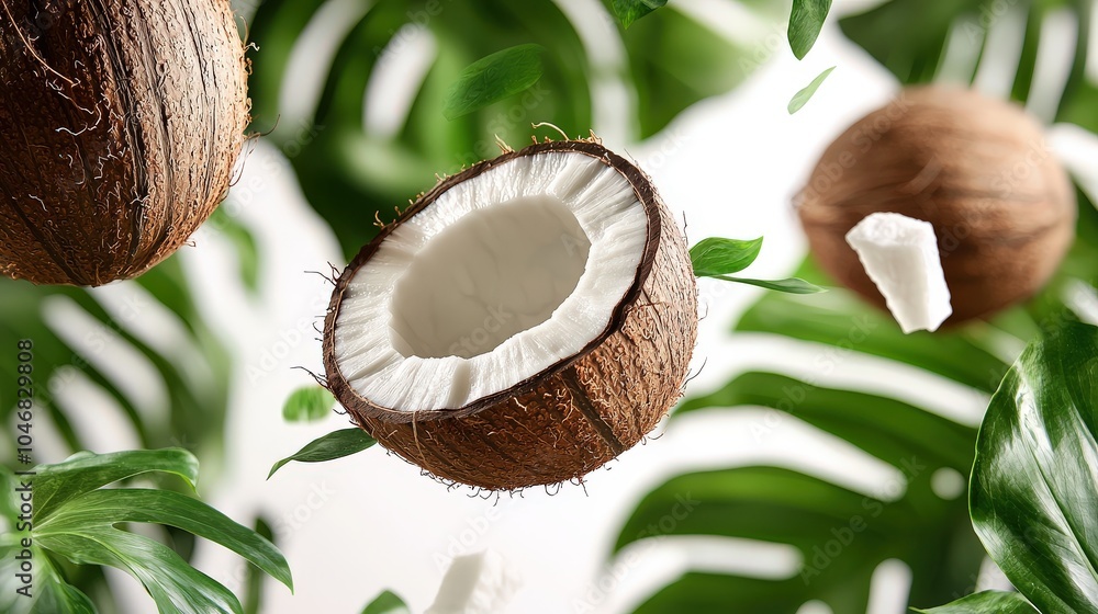 Poster an engaging composition featuring a coconut with half slices whimsically falling or floating, paired