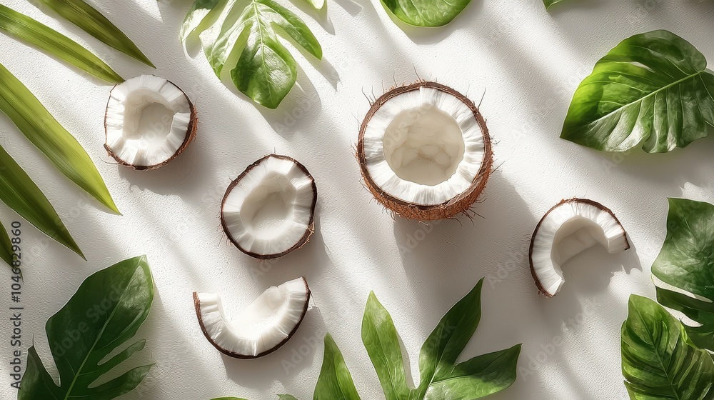 Poster an engaging composition featuring a coconut with half slices whimsically falling or floating, paired
