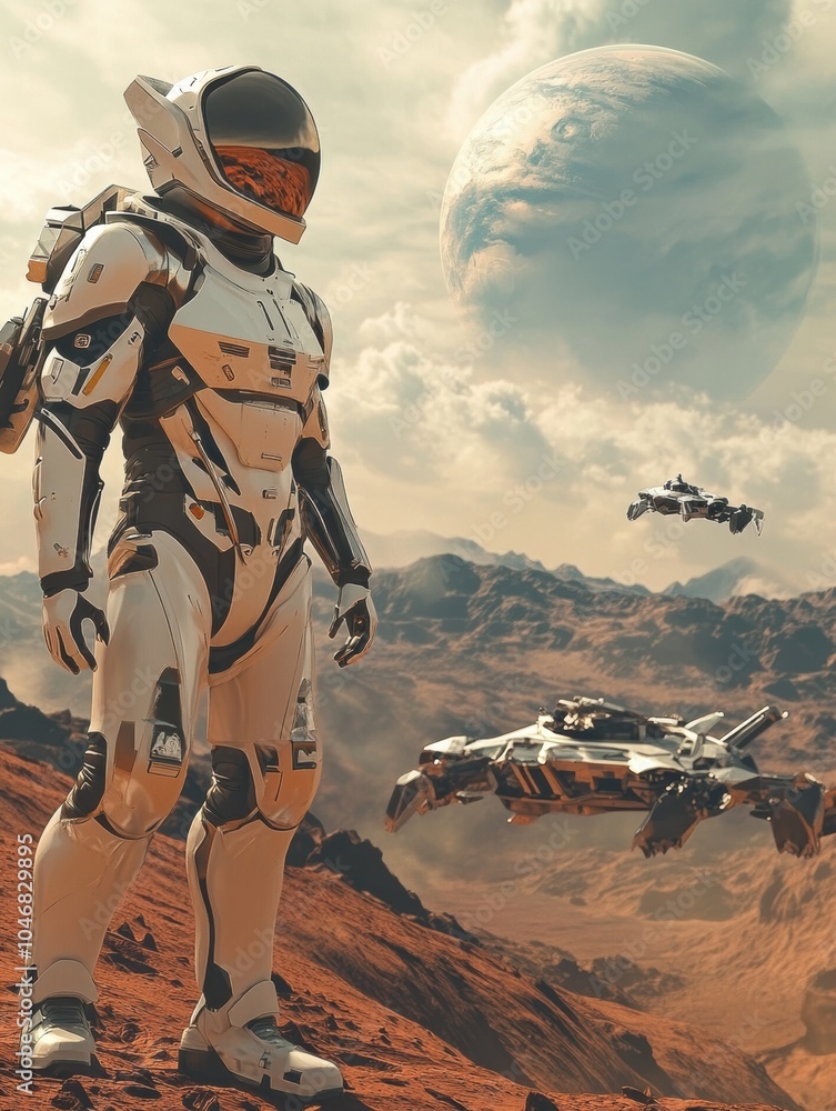 Poster An astronaut in a futuristic suit stands on an alien terrain, observing stunning planetary features and hovering spacecraft above. Generative AI