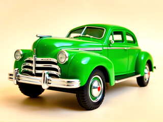 A green toy car displayed against a clean white background, emphasizing its vibrant color and design.