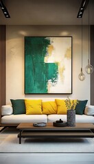 Modern Living Room Interior with Green Abstract Painting, Yellow Cushions, and Wooden Coffee Table.