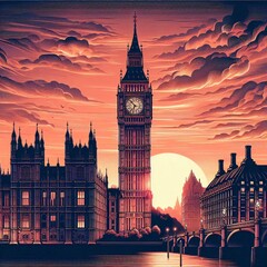 Fototapeta premium Big Ben rises between framed historic buildings, with a bridge spanning the water in the foreground, creating a classic London cityscape.