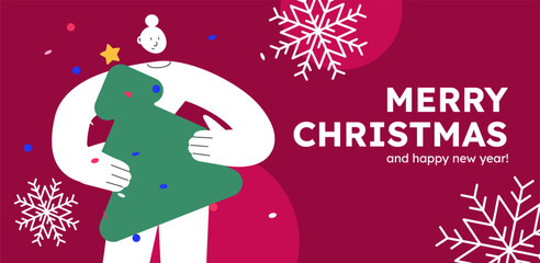 Vector illustration of a happy woman, holding christmas tree. Festive celebration concept. Merry Christmas and happy new year banner. Simple cheerful header with copyspace.