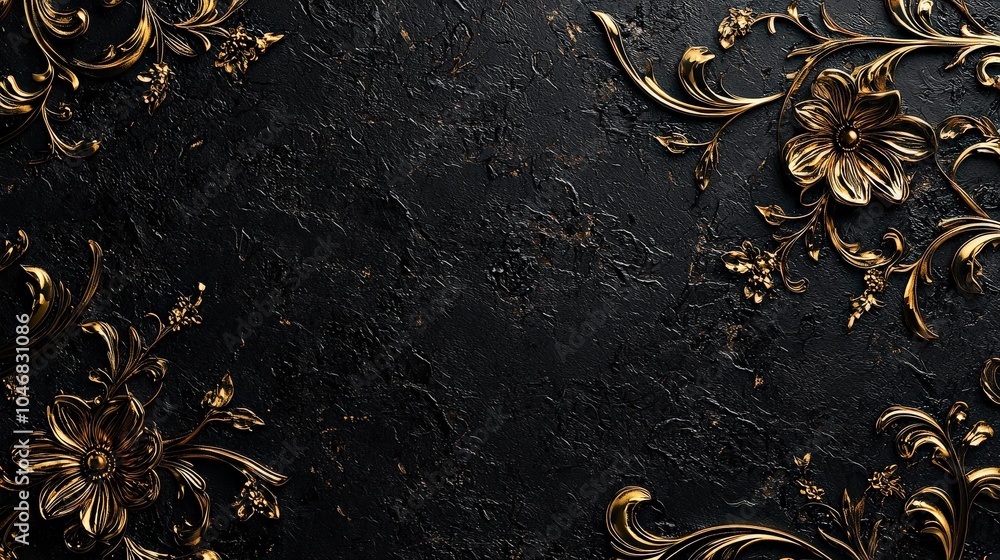 Poster black background featuring subtle gold filigree patterns, designed in a minimalist style for a refin