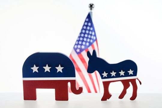 Political Symbols Voting. Republican elephant, Democrat donkey. Symbols of USA, Republican and Democrat parties.