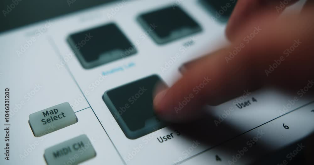Poster beautiful slow motion close up shot of a musician producer playing pads on a midi keyboard to record