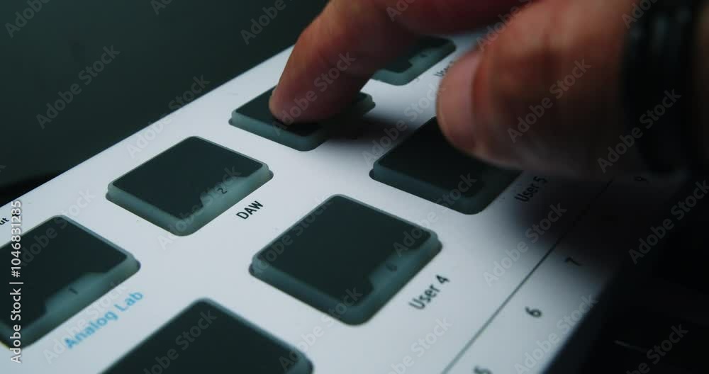 Poster beautiful slow motion and close up shot. a musician producer presses pads and buttons on a midi keyb